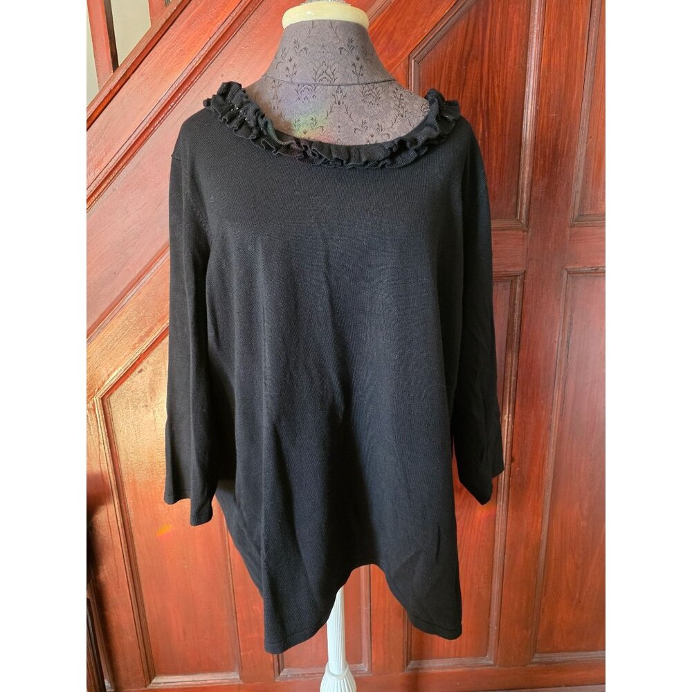 Susan Graver 2X Black Ruffle Neck Top With Beaded Detail NWOT